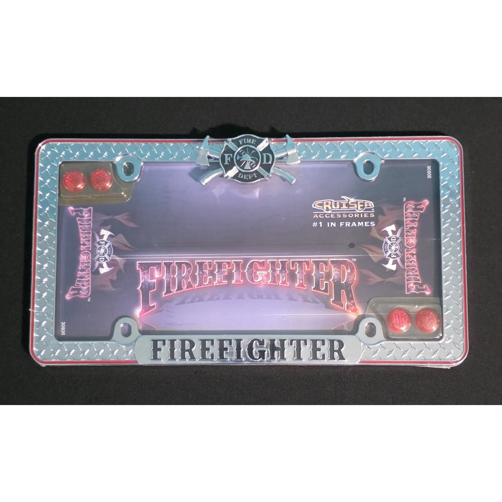 Cruiser Accessories Firefighter License Plate Frame Chrome Diamond Plate NEW